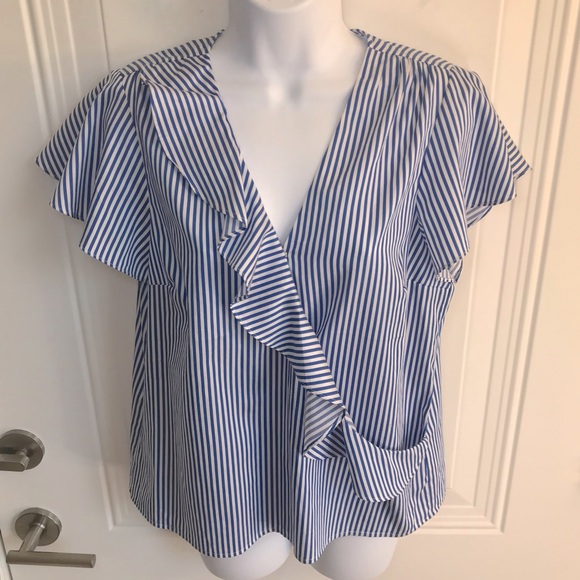 🔴 4/$15 Draper James Cotton Blue White Stripe Ruffle Front Blouse size 6 NWT - Picture 9 of 15